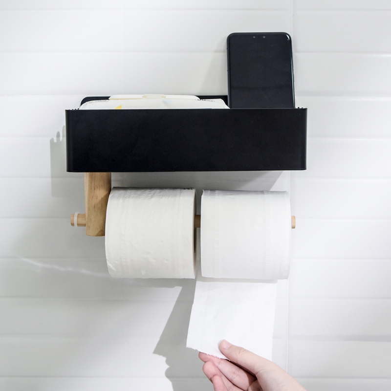 木质挂钩可调节间距~可收纳卷纸毛巾~