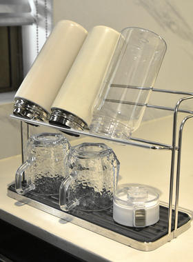 双层不锈钢杯子沥水架桌面倒挂保温杯架厨房茶杯水瓶收纳架置物架