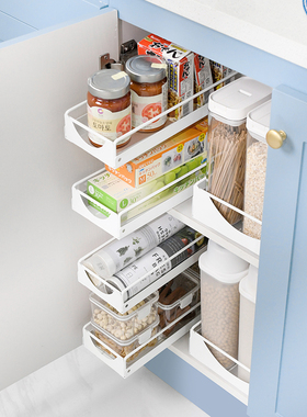 厨房拉篮抽屉式置物架免打孔窄柜侧装调味篮滑轨橱柜水槽下收纳盒