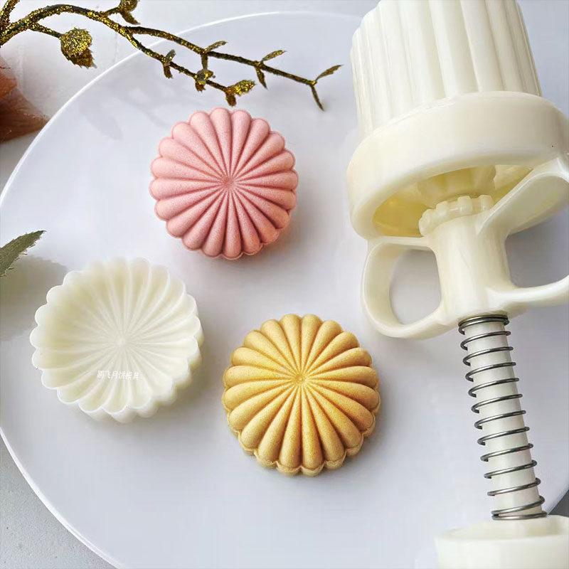 50克手压式可调厚薄圆形立体菊花包子模绿豆糕青团食品级压花模具