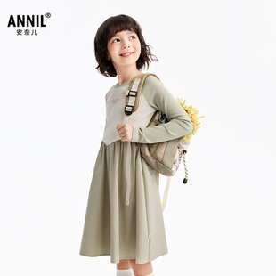 安奈儿女童装圆领长袖连衣裙2026春季新款轻运动风休闲A字裙甜美