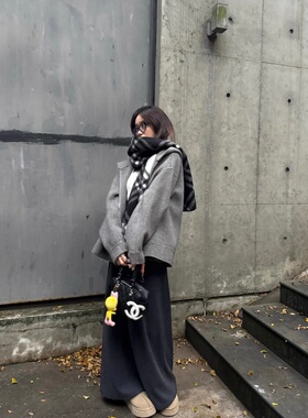 SEVEN也廓形立裁拉链卫衣羊毛驼绒双面呢大衣连帽毛呢外套女短款