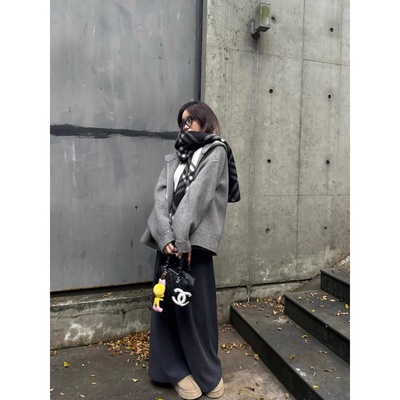 廓形双面呢大衣连帽毛呢外套女