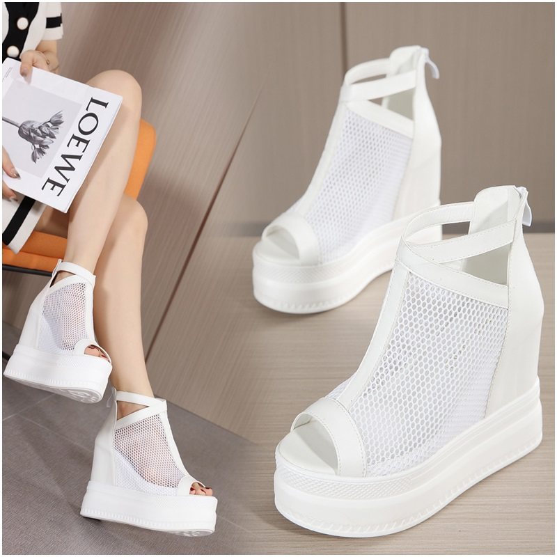 12厘米厚底凉鞋女夏季新款内增高松糕鞋休闲网面镂空透气鱼嘴凉靴