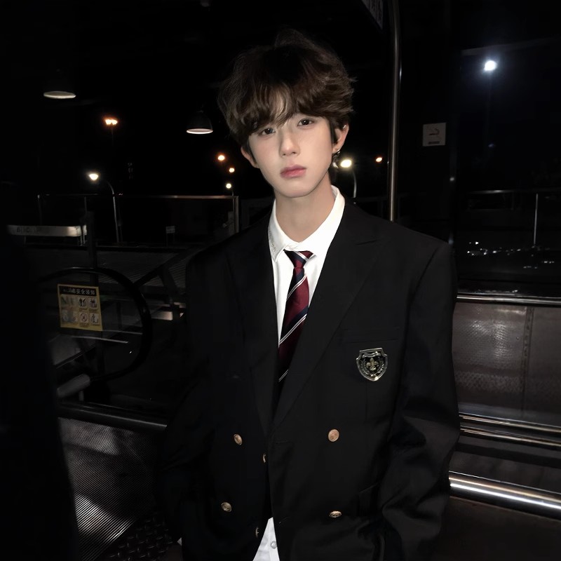 【刺篇】dk制服校供感上衣西装黑色蓝色男休闲外套双排扣西服套装