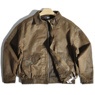 美式复古底特律巴恩风翻领做旧涂层夹克廓形哈灵顿猎装工装外套男