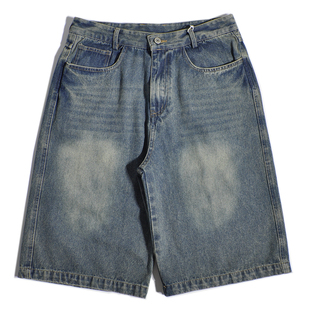 美式高街CityBoy复古港风痞帅街头阔腿直筒宽松休闲六分牛仔短裤