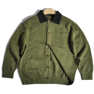 复古慵懒毛衣外套 美式 文艺轻熟雅痞老钱巴恩风撞色翻领针织衫 开衫