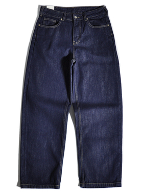 经典百搭美式咔叽复古宽松直筒阔腿原色深蓝牛仔裤休闲老钱风长裤