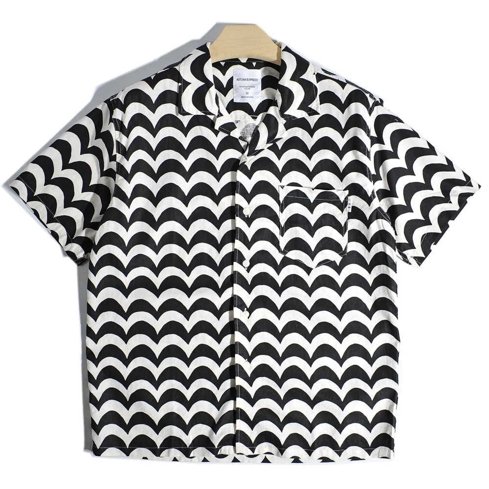 日系民族风涂鸦印花亚麻棉麻衬衫古巴领夏威夷沙滩休闲短袖衬衣男