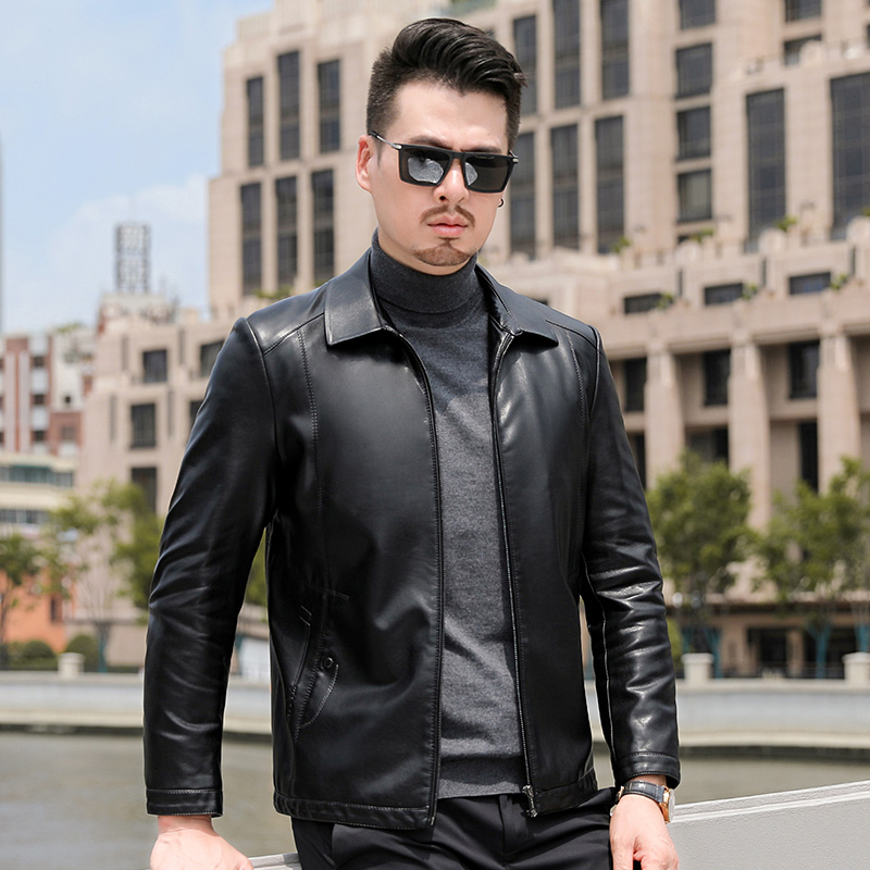 2021新款男士皮衣秋款翻领男皮夹克外套中年黑色修身男装休闲上衣