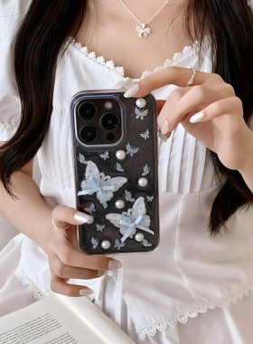 立体蓝色蝴蝶适用于苹果17 16promax 15手机壳iPhone14pro 13滴胶12mini珍珠11 XR新款se3保护套7 8plus女款