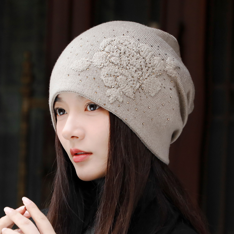 毛线帽优雅女士秋冬花朵堆堆帽