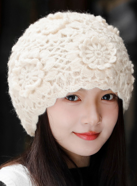 帽子新款2026钩花毛线针织帽花朵士优雅遮白发包春女士帽子0123k