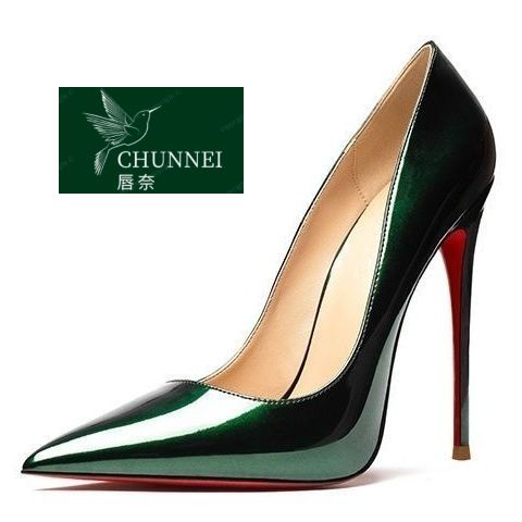 唇奈®新款女士夜班墨绿高跟鞋细跟工作超细性感尖头亮面女鞋套脚