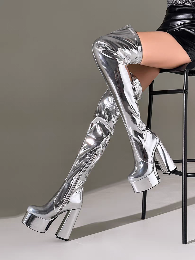 欧美外贸跨境防水台漆皮圆头粗跟过膝长靴弹力钢管舞显瘦瘦高筒靴