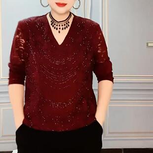 春季时尚洋气女加肥加大码纯色蕾丝烫钻长袖V领打底衫显瘦百搭潮