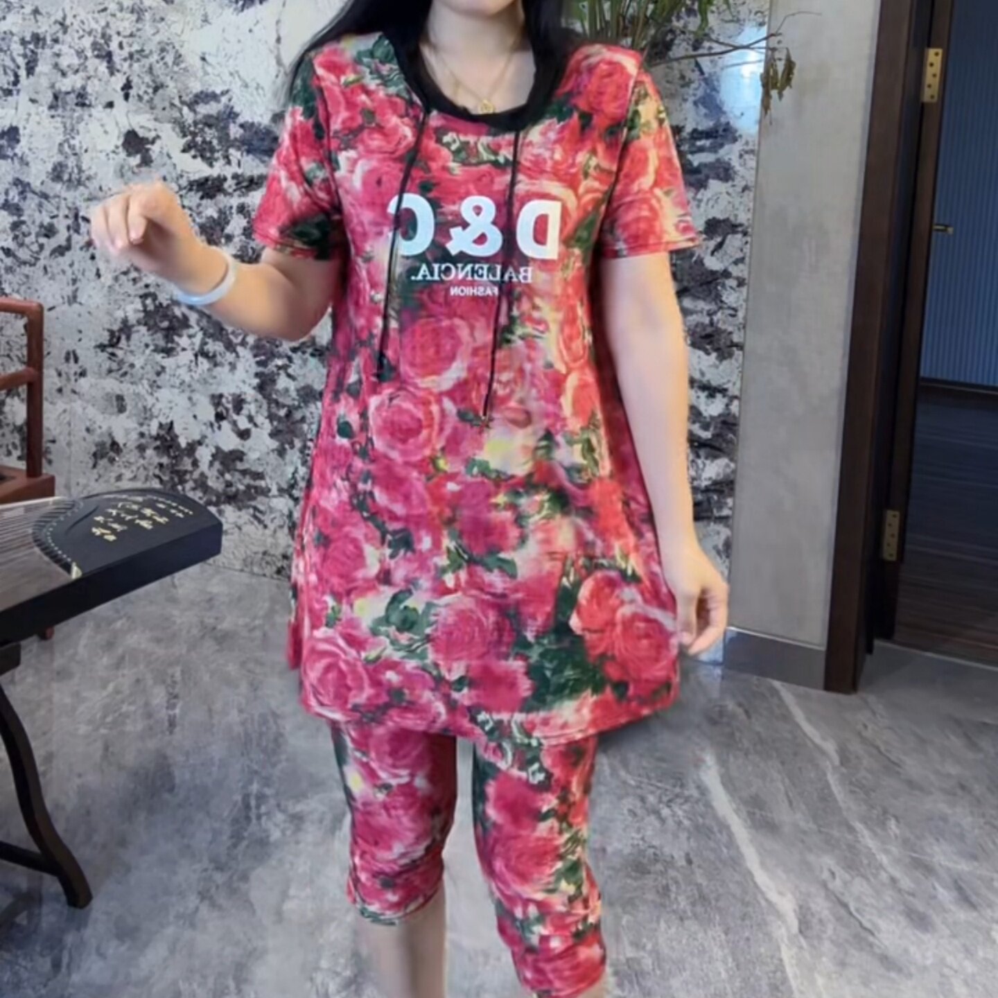 夏季大码女速干连帽碎花两件套