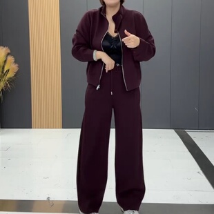 秋季女士纯色长袖立领拉链开衫松紧腰长裤休闲运动套装加肥加大码