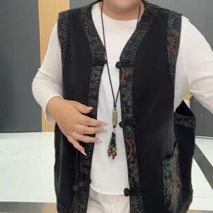 春季国风无袖牛仔马甲女V领盘扣开衫加肥加大码宽松显瘦百搭外套