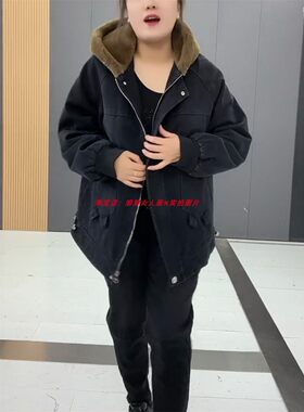加绒加厚两个大兜连帽牛仔外套