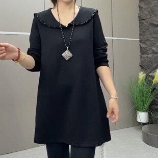 秋季女装钉珠翻领长袖打底衫连衣裙加肥加大码洋气减龄显瘦中长款