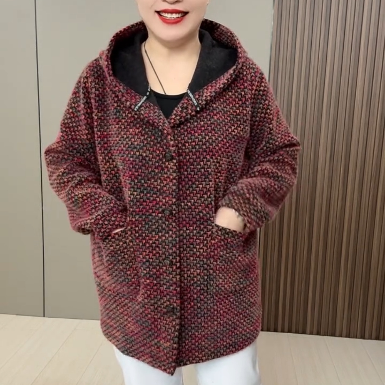 连帽针织开衫外套妈妈装宽松上衣