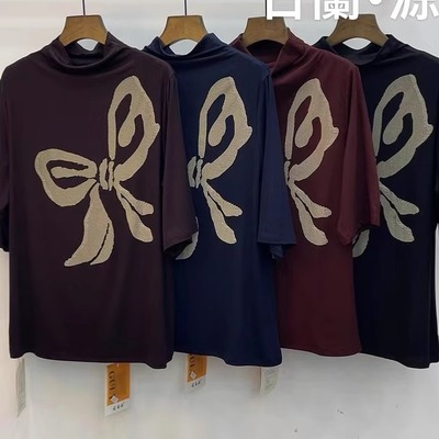 半高领蝴蝶结印花半袖T恤打底衫