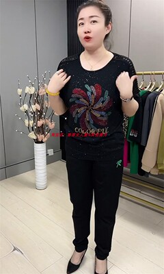 短袖薄烫钻大花美肩女短袖T恤