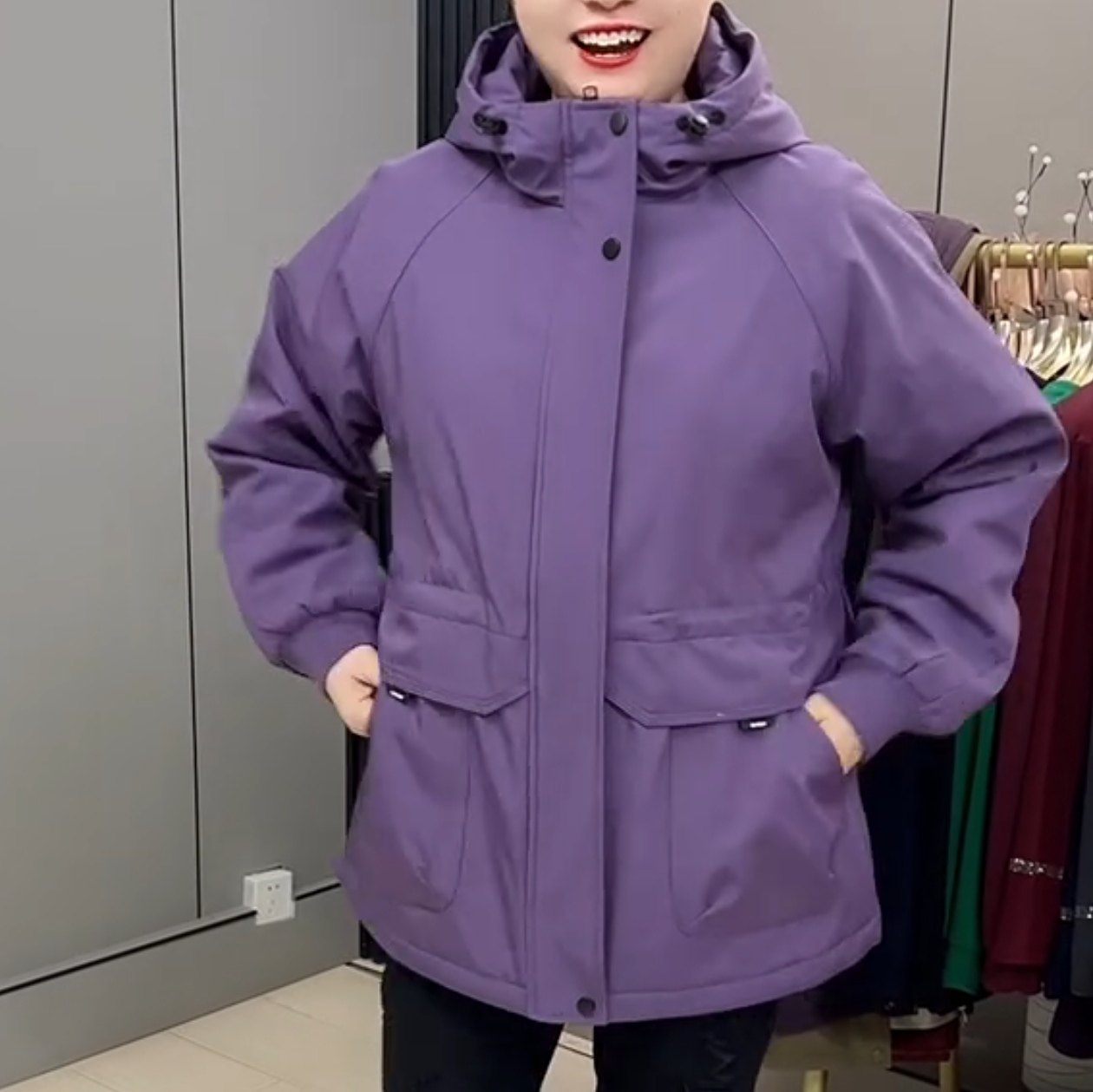 春冬季加大码二棉服女装连帽抽绳收腰中长款冲锋衣夹棉派克服外套