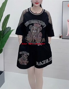 T恤短裤 2025夏季 烫钻小熊圆领露肩短袖 套装 两件套宽松胖妹妹 大码
