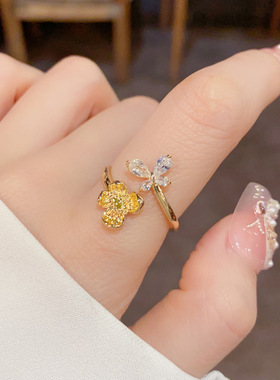 法式气质金属花朵镶钻蝴蝶开口戒指简约潮流食指戒轻奢高级感手饰