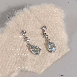 瓦尔登湖微镶锆石925银针浅蓝水滴耳钉 ins小巧耳饰 耳环