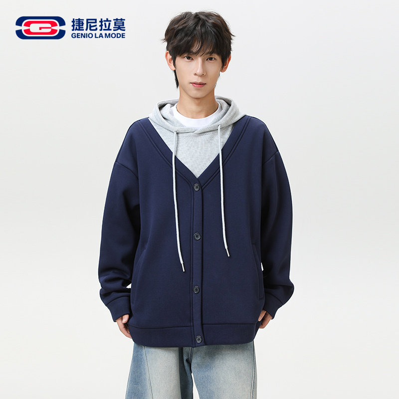 捷尼拉莫美式风假两件连帽开衫男