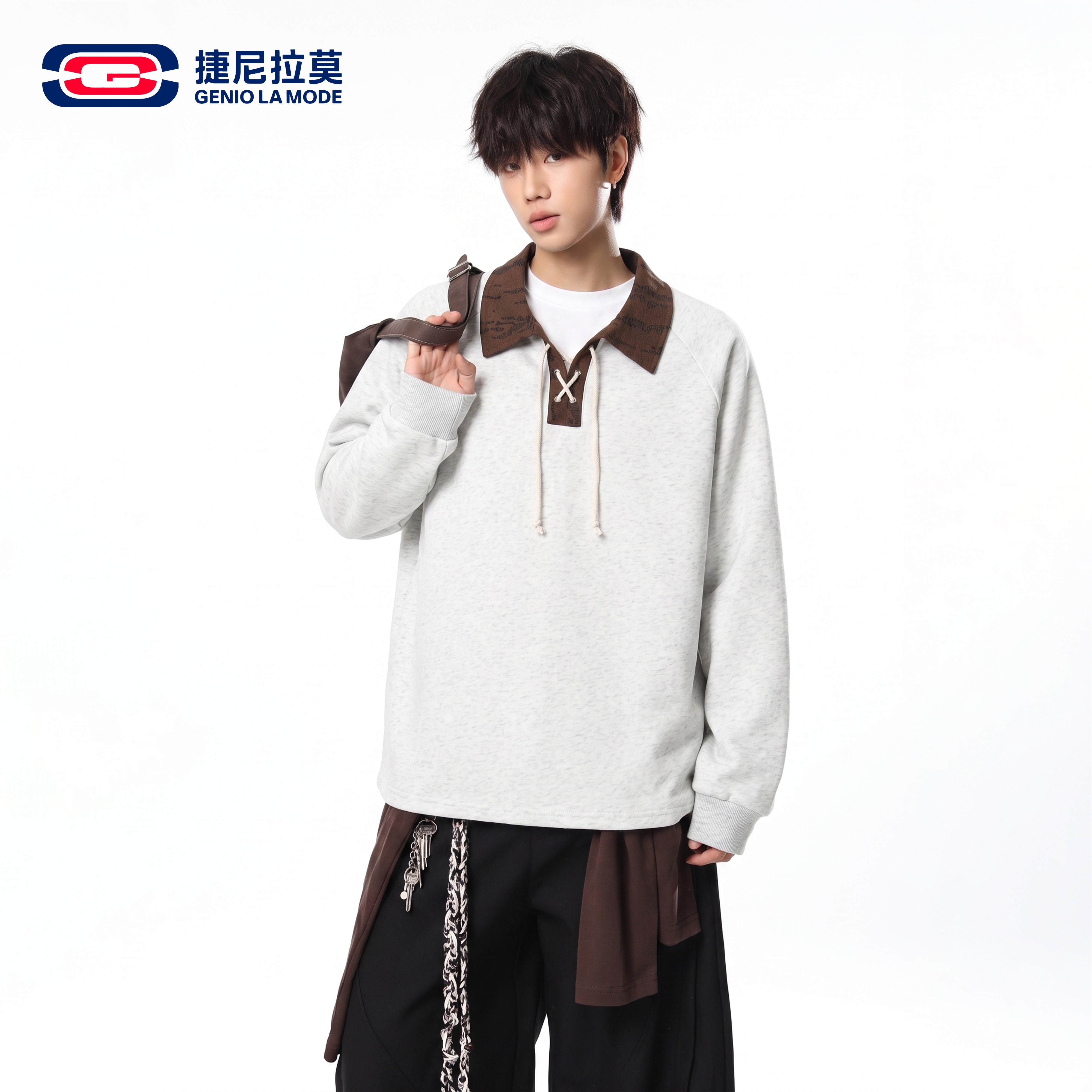 捷尼拉莫美式绑带设计翻领卫衣男