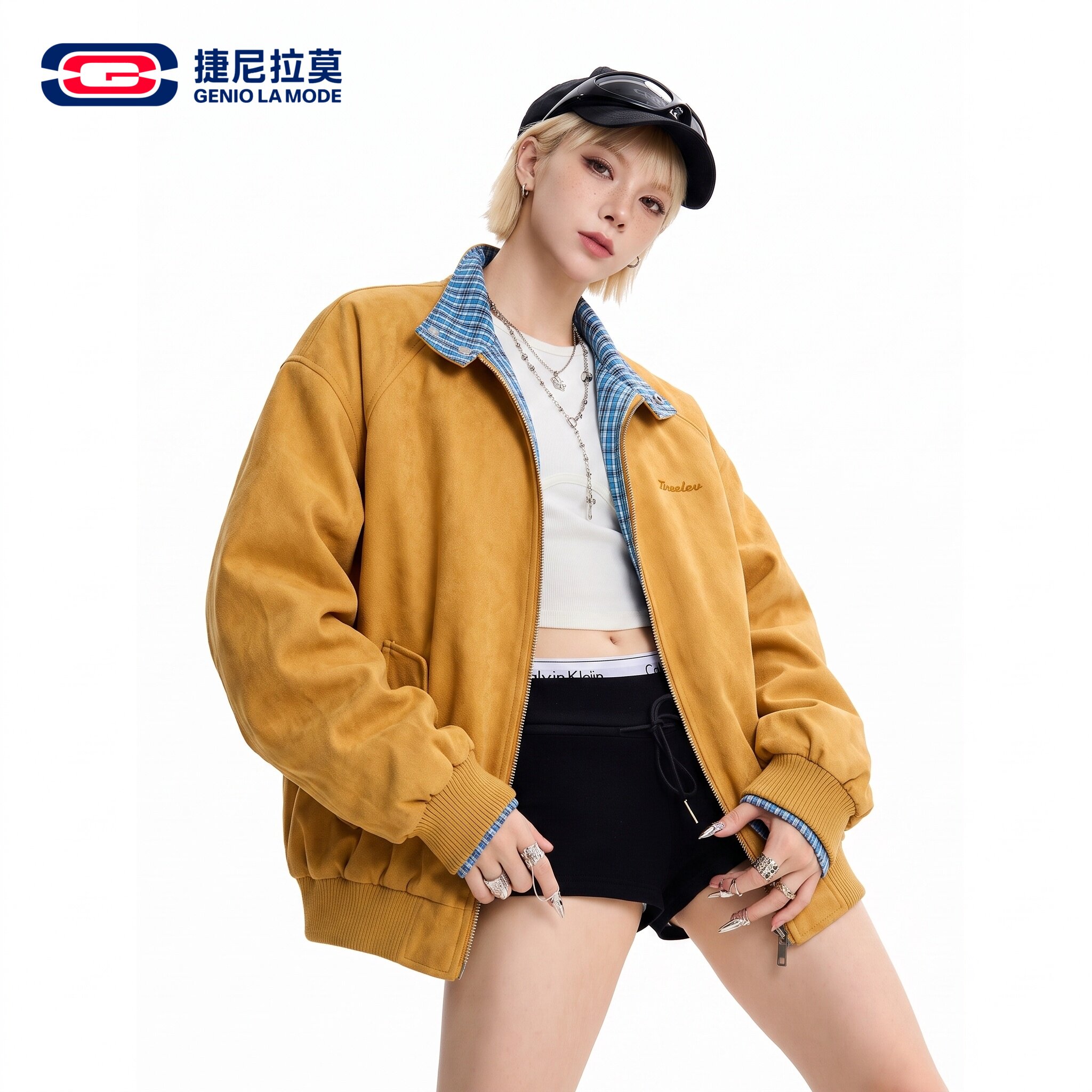 捷尼拉莫美式复古撞色格纹夹克