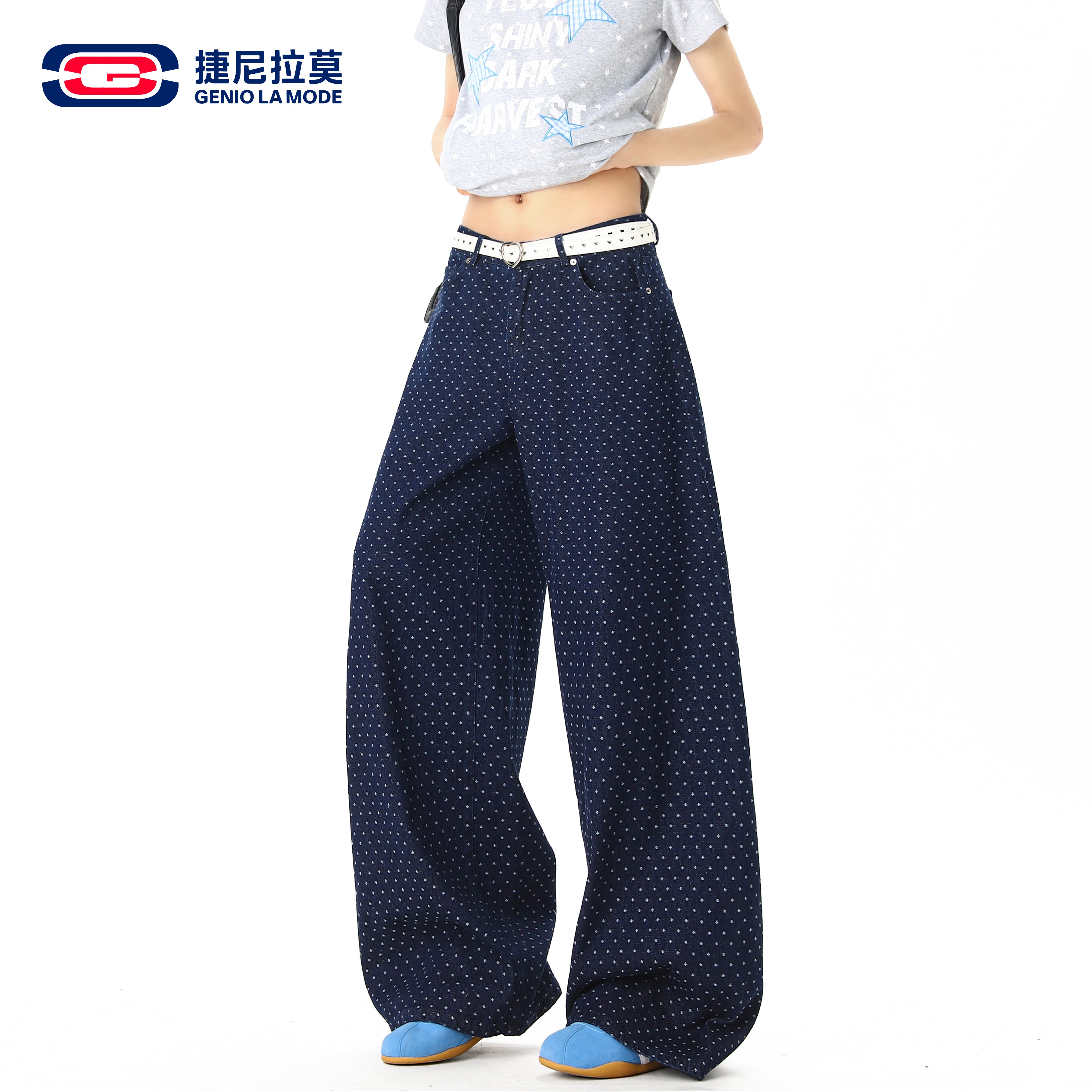 捷尼拉莫藏青小波点阔腿牛仔裤男女宽松垂感拖地小众显瘦直筒长裤
