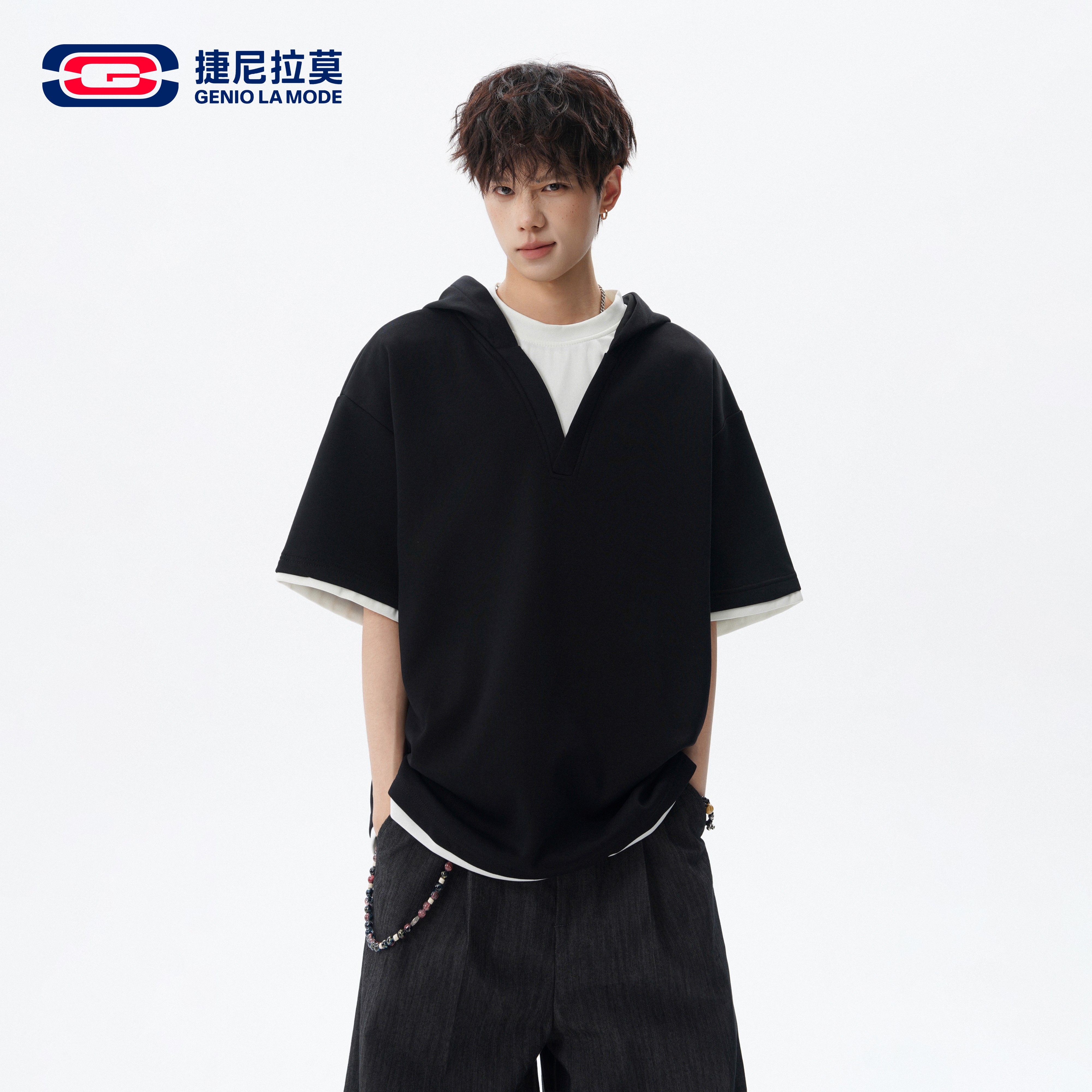 捷尼拉莫假两件连帽短袖卫衣