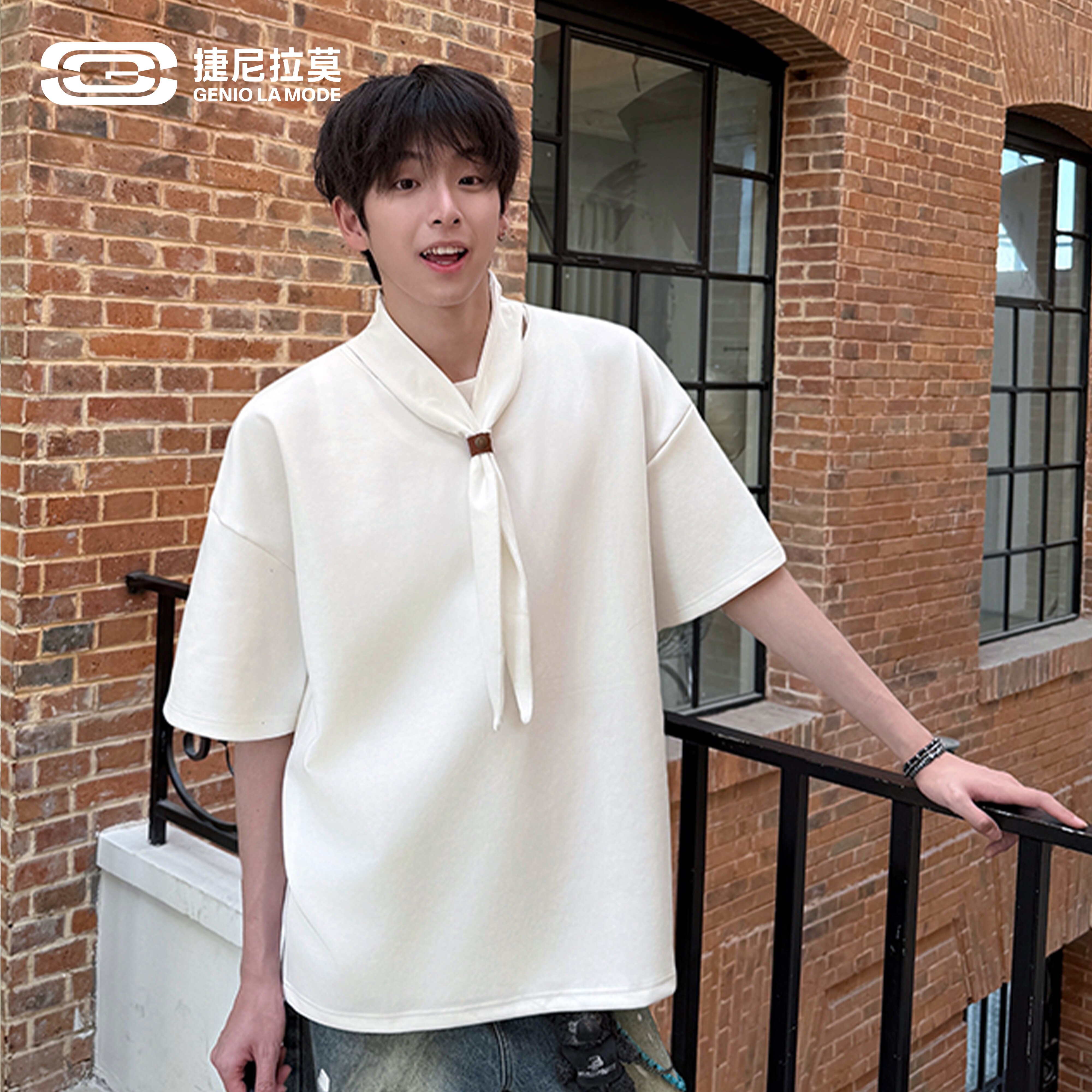 捷尼拉莫韩系温柔风飘带半袖男