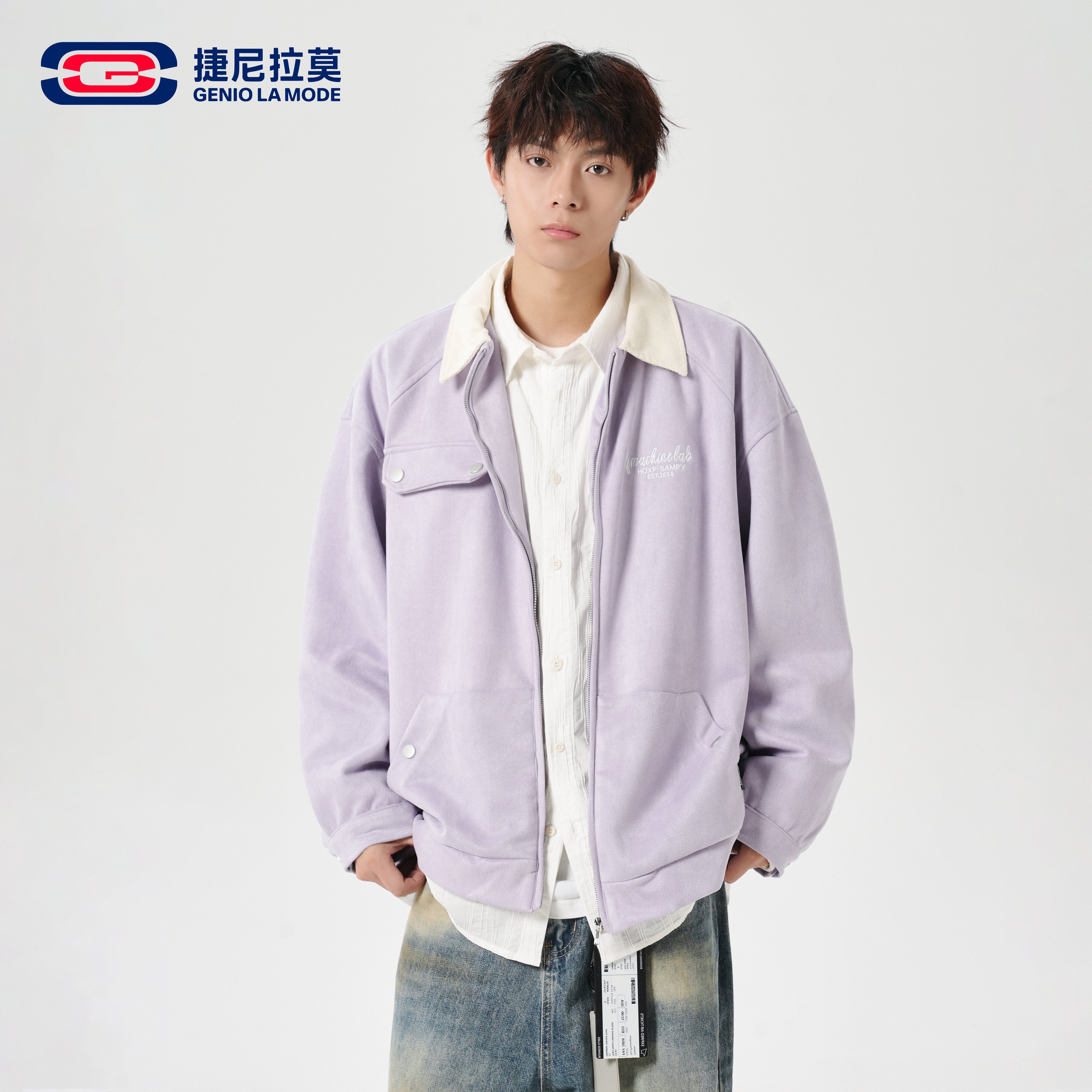 捷尼拉莫字母印花麂皮绒翻领外套