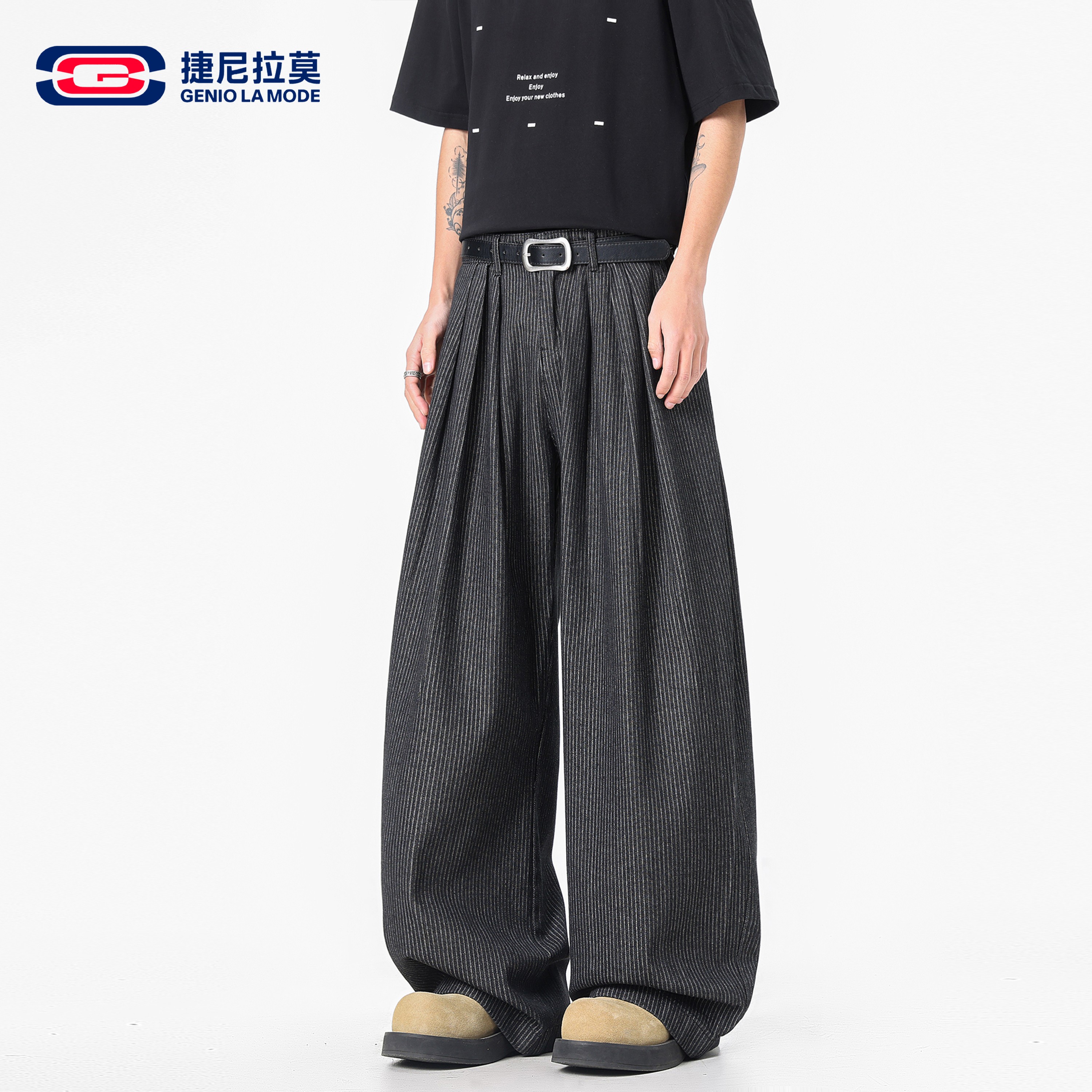 捷尼拉莫老钱风复古条纹阔腿裤