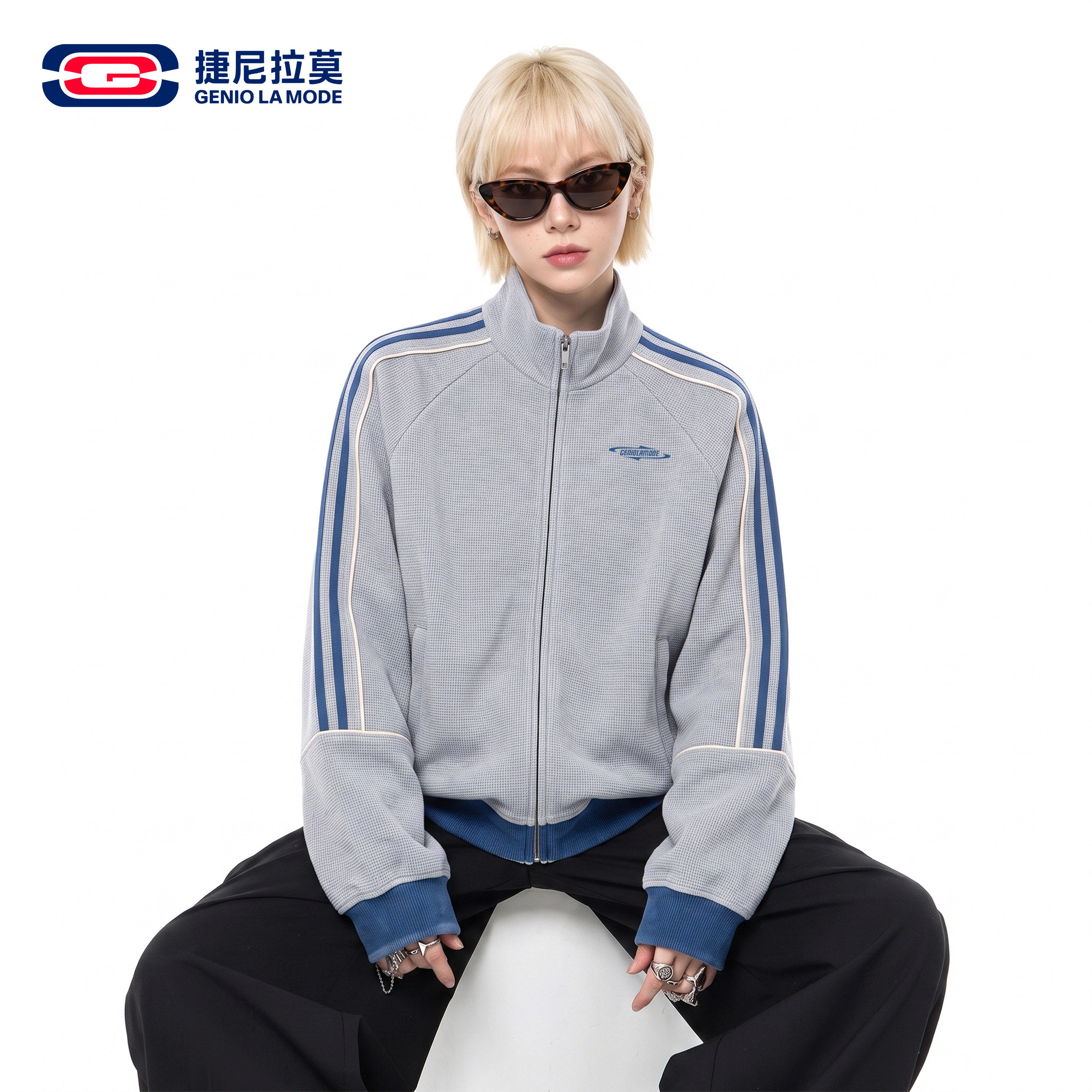 美式撞色条纹夹克男女早秋新款