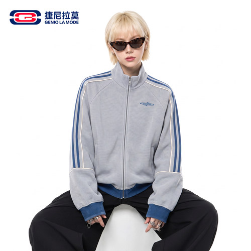 美式撞色条纹夹克男女早秋新款