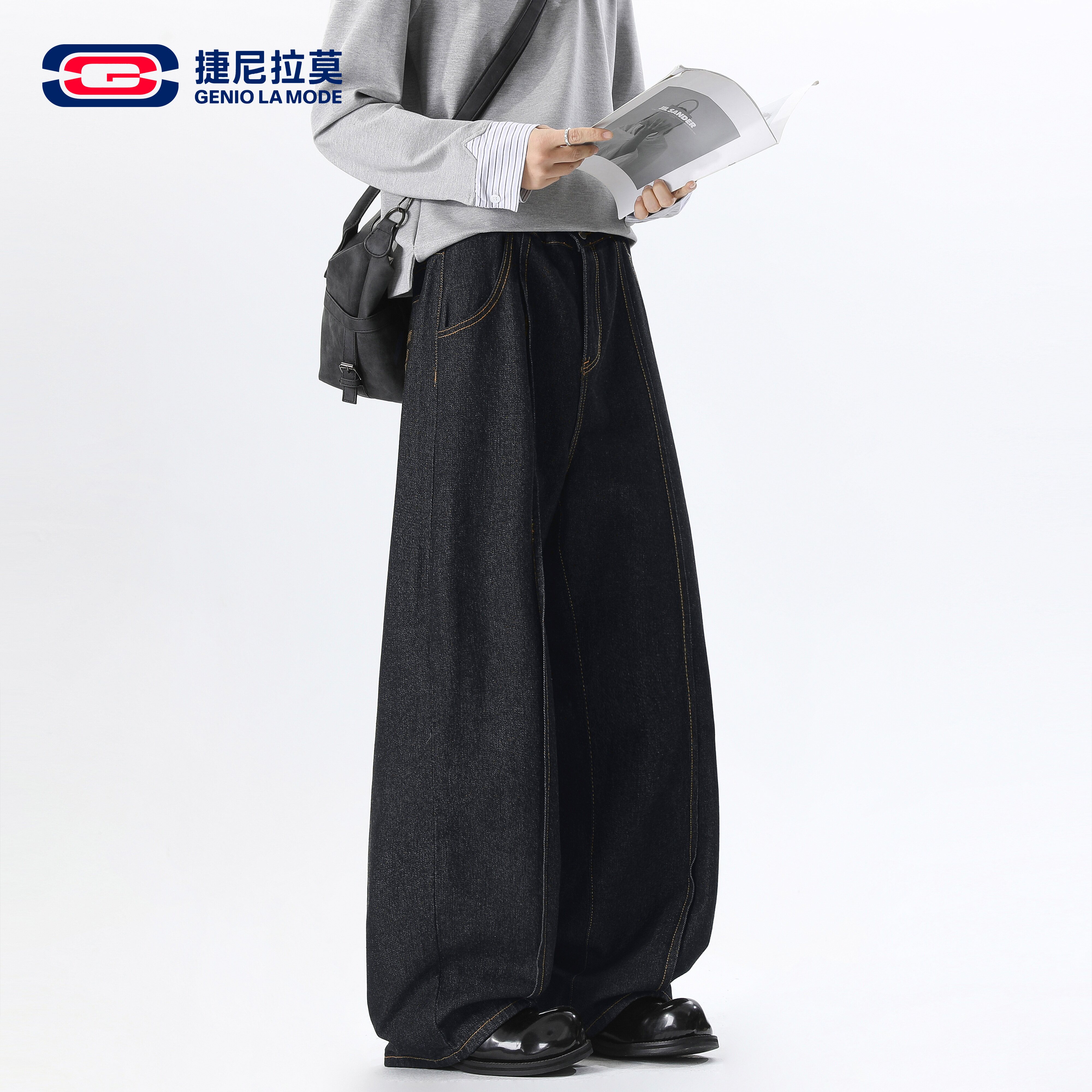 捷尼拉莫黑色明线阔腿牛仔裤男女美式复古垂感直筒休闲百搭长裤