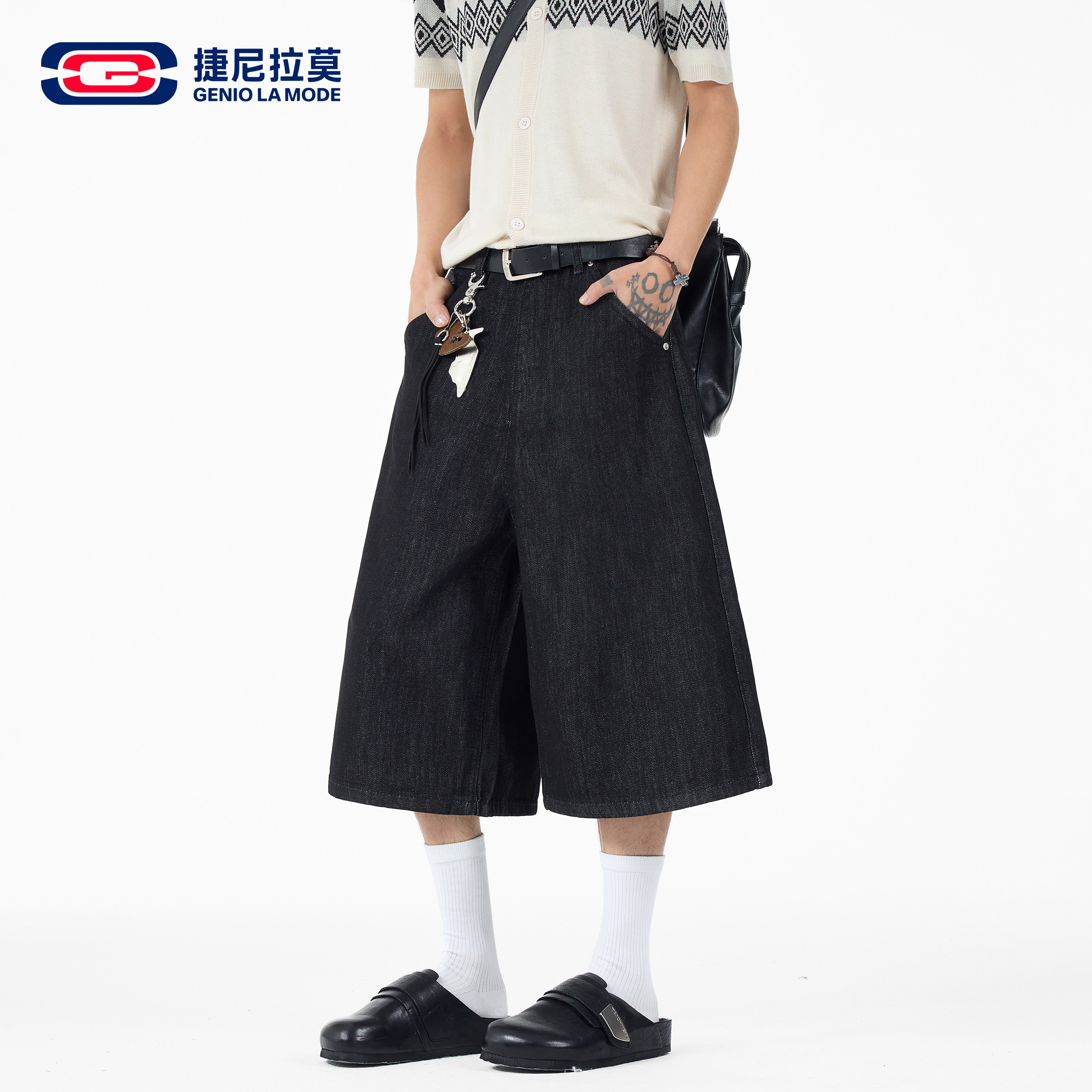 捷尼拉莫黑色七分牛仔阔腿裤男