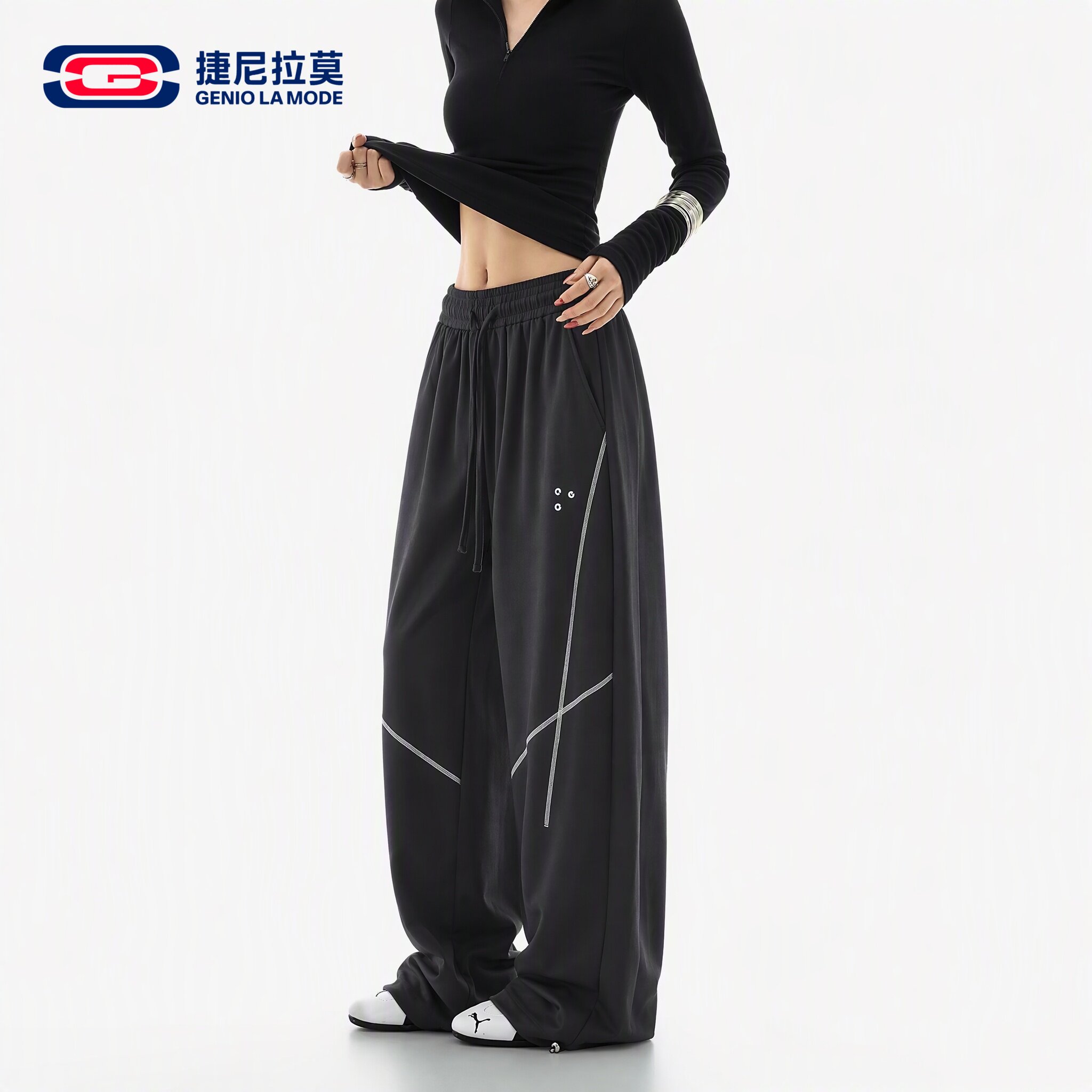 捷尼拉莫廓系机能风黑色阔腿裤男