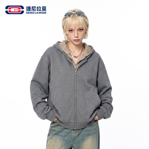 捷尼拉莫美式休闲风连帽拉链开衫