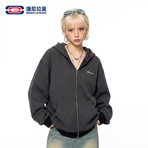 捷尼拉莫美式复古连帽拉链卫衣男