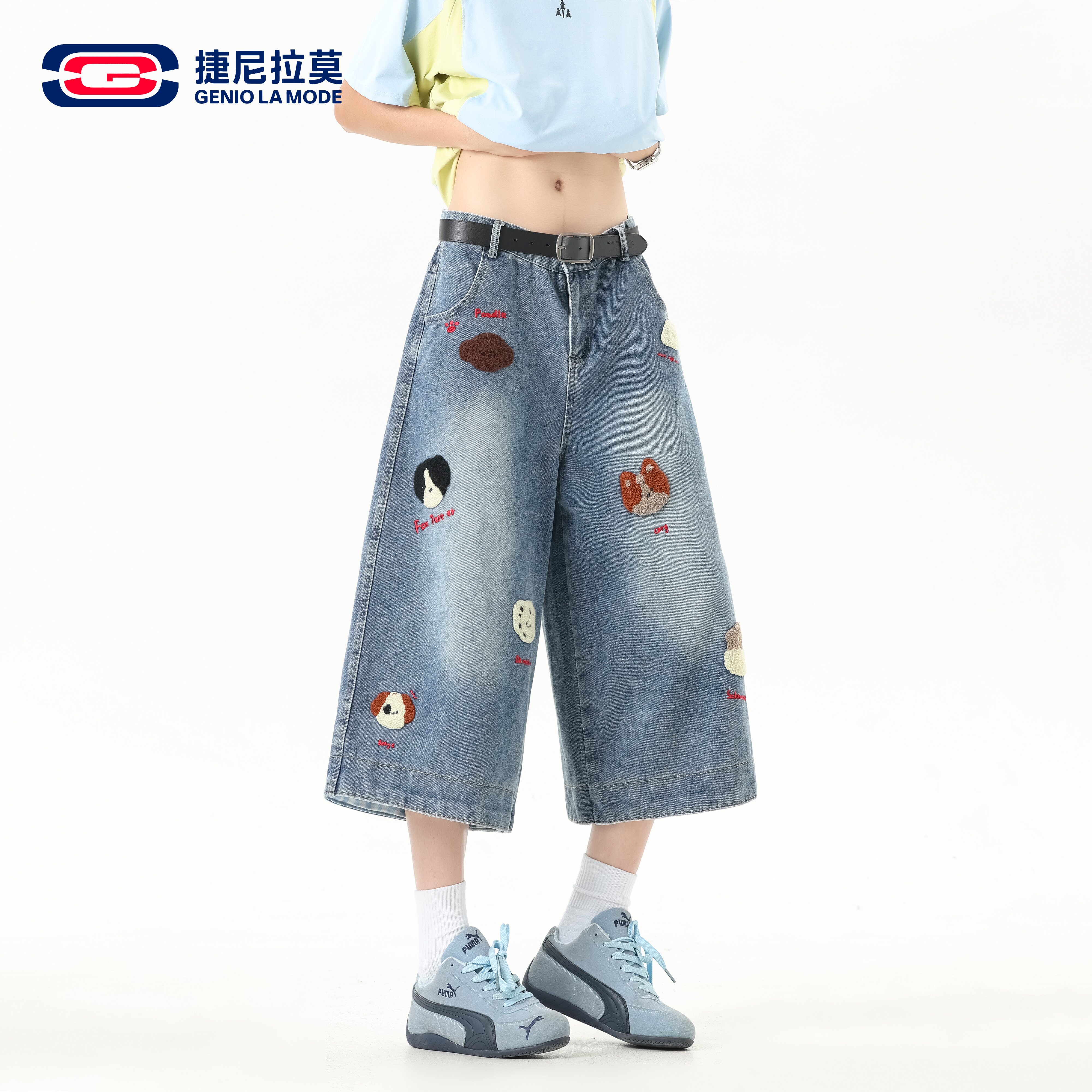 捷尼拉莫美式复古小狗刺绣七分裤
