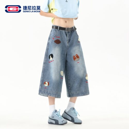 捷尼拉莫美式复古小狗刺绣七分裤